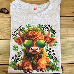 Hanes Gray Shamrock Cow Graphic Tee - Green Accent